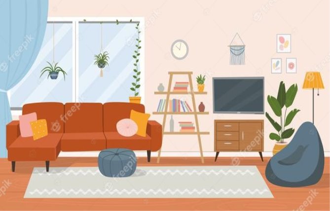 Premium Vector | Living room interior. comfortable sofa, tv, window, chair  and house plants. flat cartoon illustration